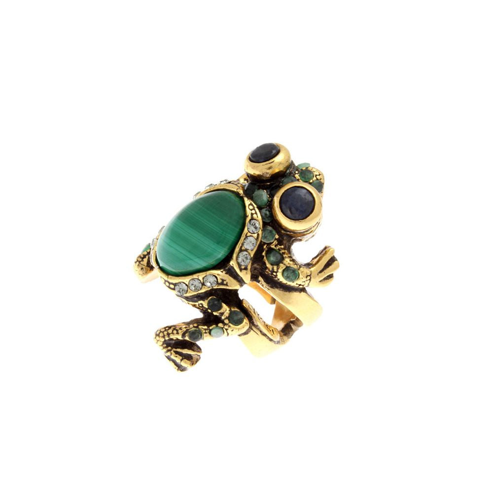 Anello Ranocchio e Malachite - Anello Artigianale con Malachite e Dettagli in Smeraldi, Zaffiri e Swarovski (Codice: AN RM 01)