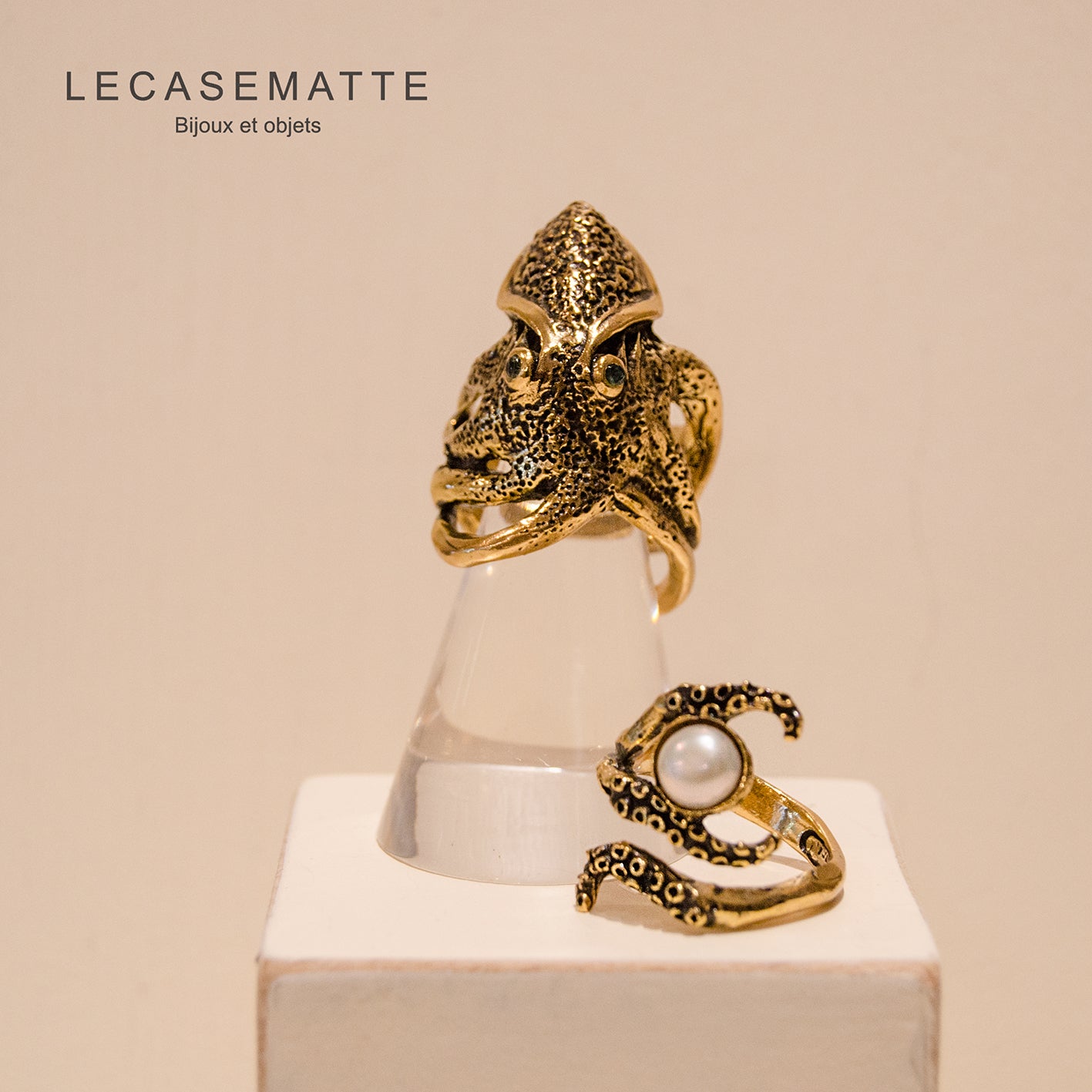 Anello Polipo - Doppio Anello in Ottone con Finitura Argento e Oro e Zaffiro (Codice: AN PO 01)