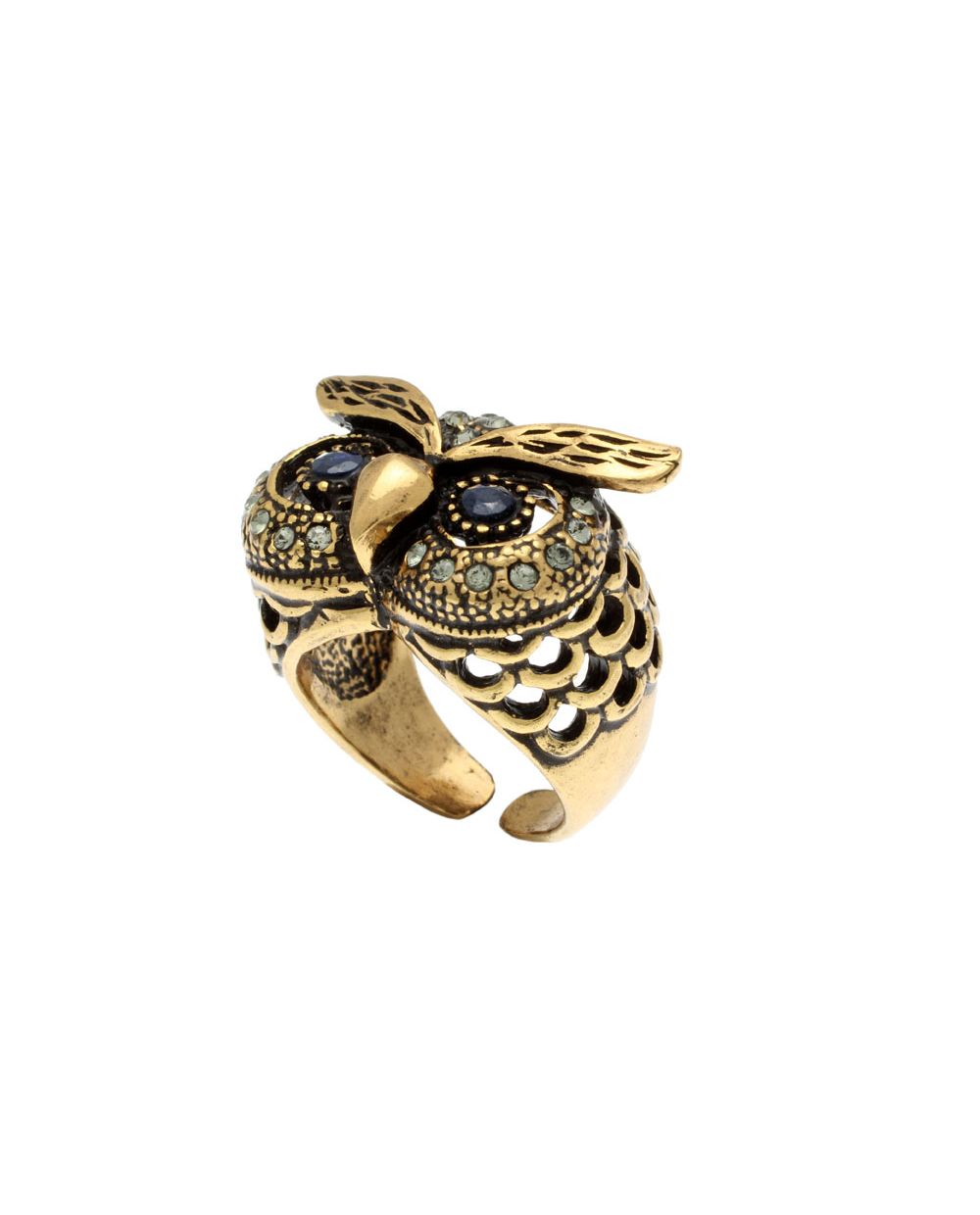 Anello Gufo con Occhi di Zaffiro - Gioiello Artigianale in Ottone Dorato (Codice: AN GFO 02)
