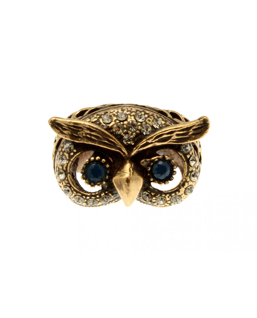 Anello Gufo con Occhi di Zaffiro - Gioiello Artigianale in Ottone Dorato (Codice: AN GFO 02)