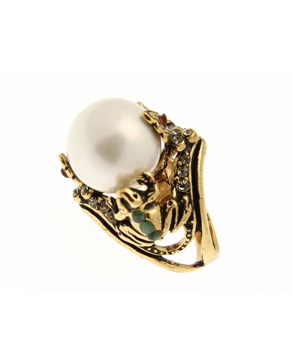 Anello Pearl - Anello in Ottone Dorato con Perla Coltivata e Dettagli in Swarovski e Smeraldi (Codice: AN P 02)