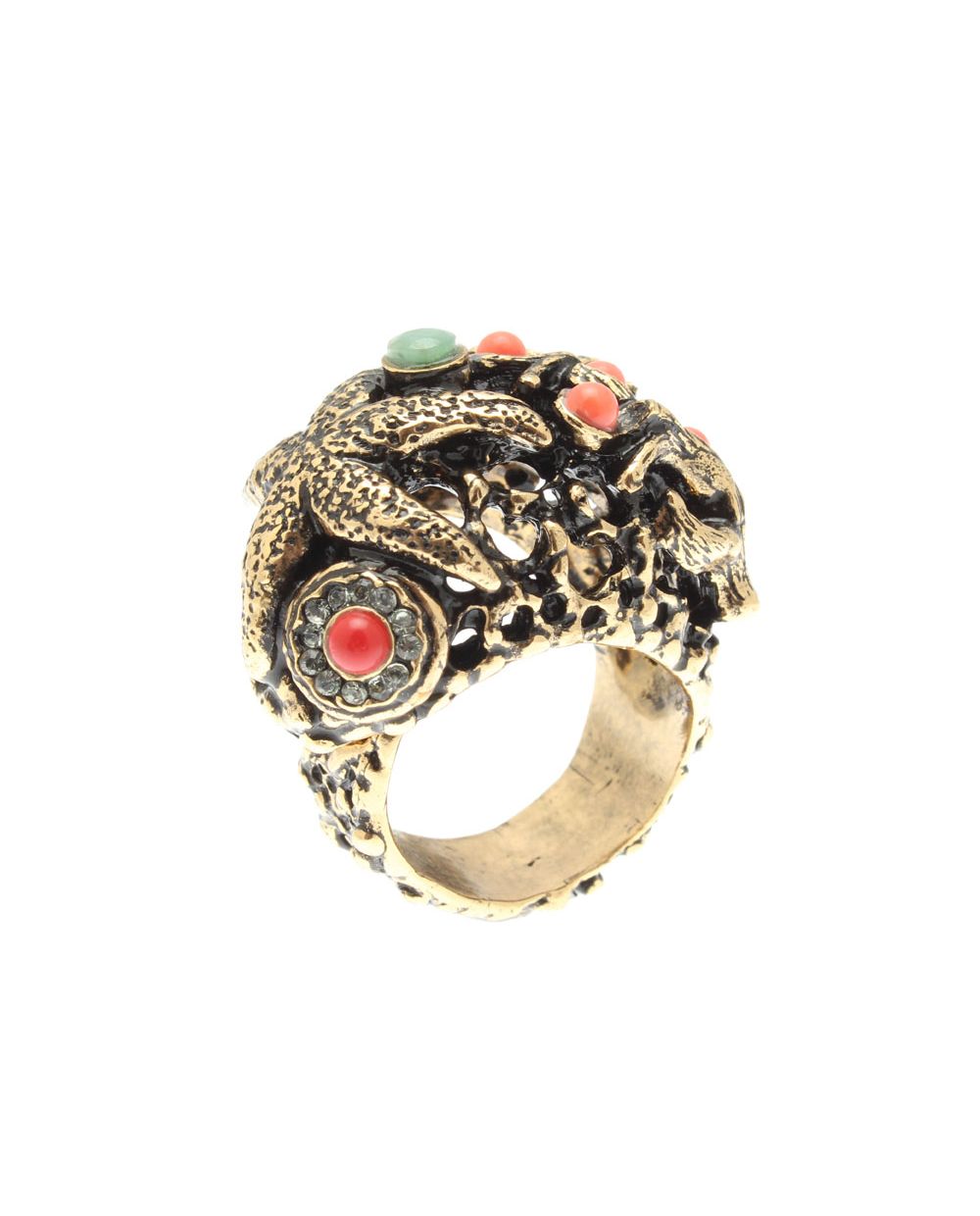 Anello Fondale Marino – Gioiello Artigianale in Ottone Dorato con Coralli, Smeraldi e Swarovski (Codice: AN FOND MARINO 01)