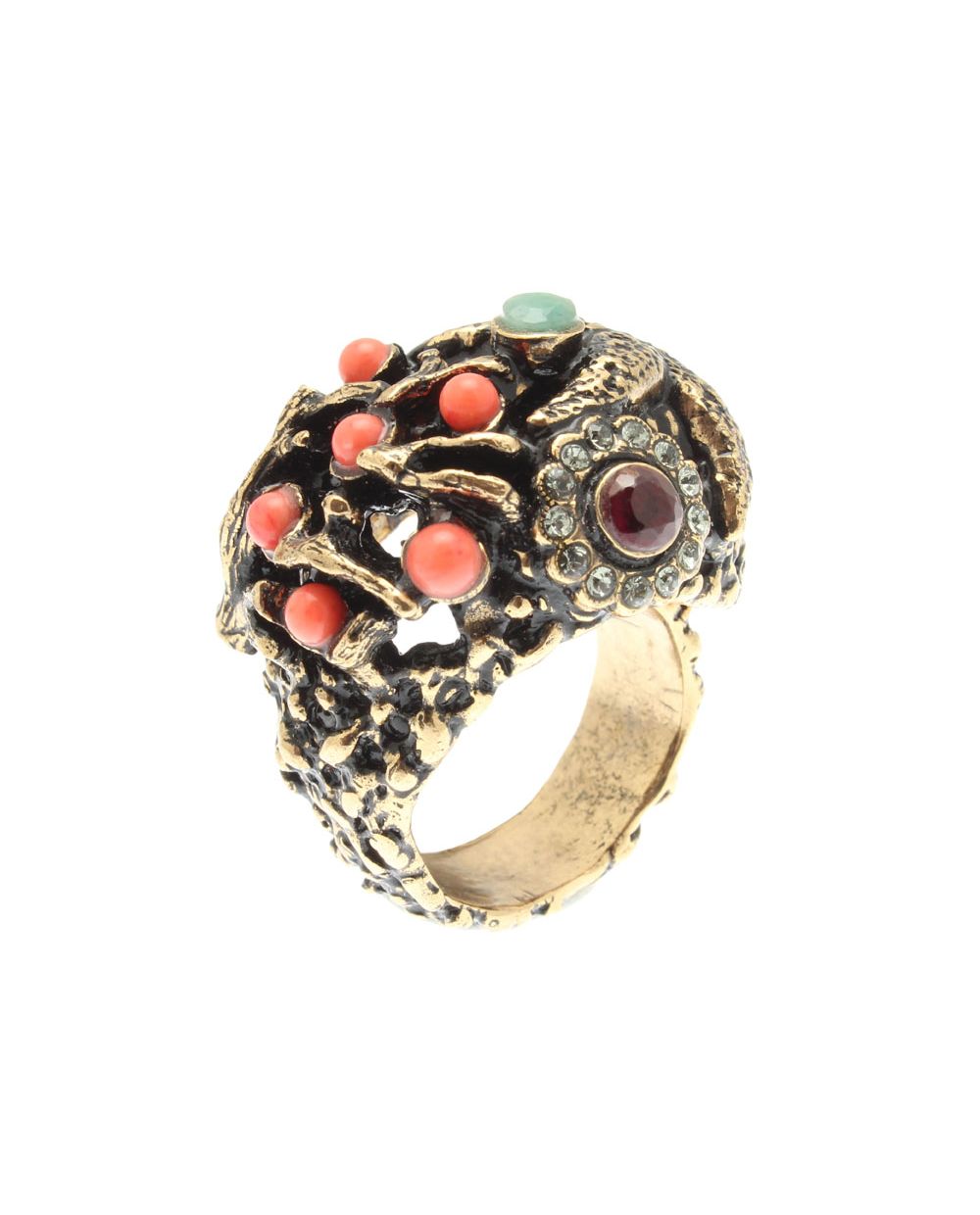 Anello Fondale Marino – Gioiello Artigianale in Ottone Dorato con Coralli, Smeraldi e Swarovski (Codice: AN FOND MARINO 01)