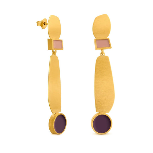 Orecchini Pendenti Geometrici Oro Opaco con Smalto Lilla e Viola Scuro (Codice: OR GE 004)