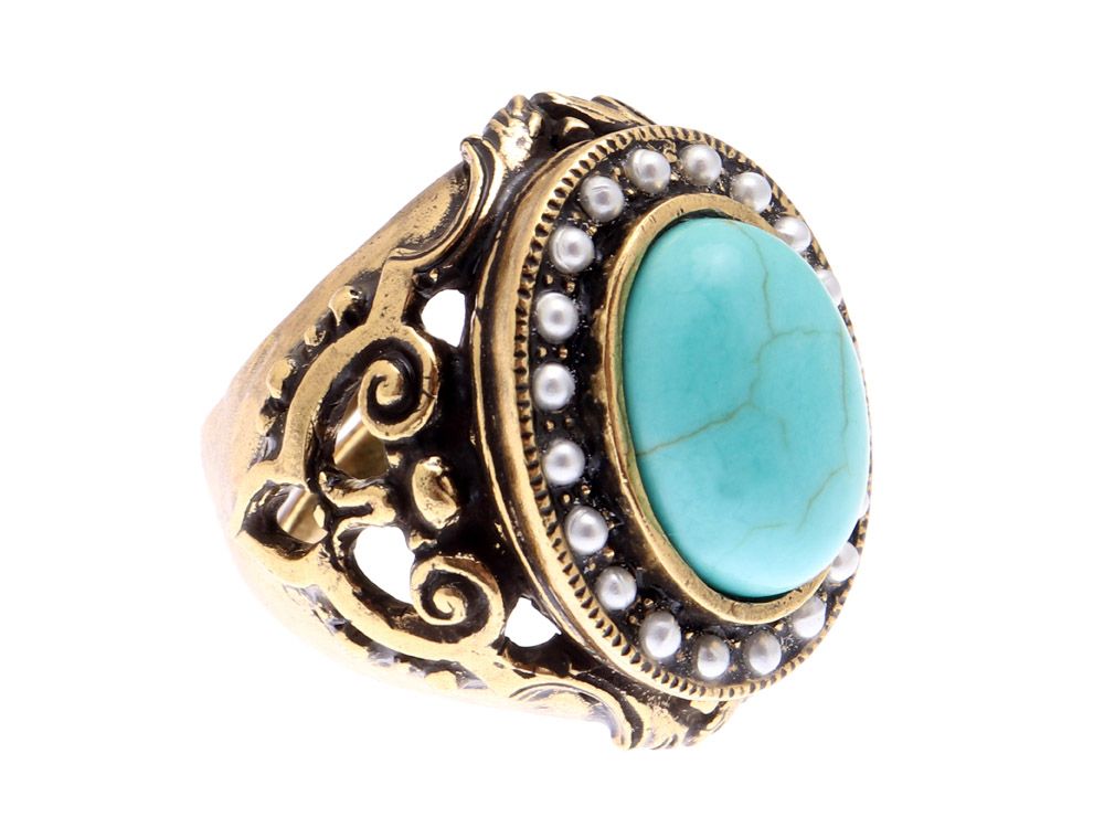 Anello Turchese - Anello Artigianale in Ottone Dorato con Iolite e Perle (Codice: AN TUR 01)