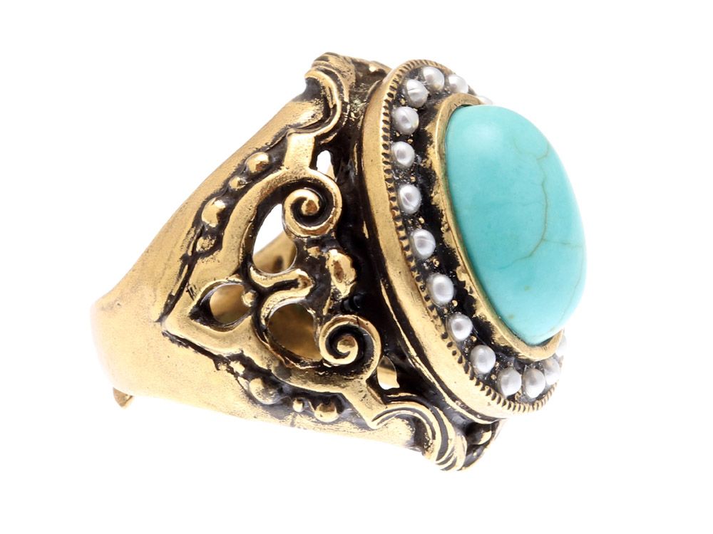 Anello Turchese - Anello Artigianale in Ottone Dorato con Iolite e Perle (Codice: AN TUR 01)