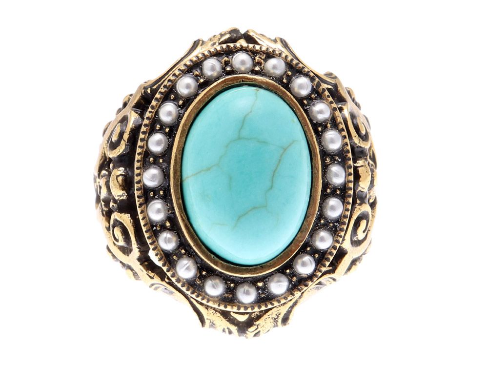 Anello Turchese - Anello Artigianale in Ottone Dorato con Iolite e Perle (Codice: AN TUR 01)