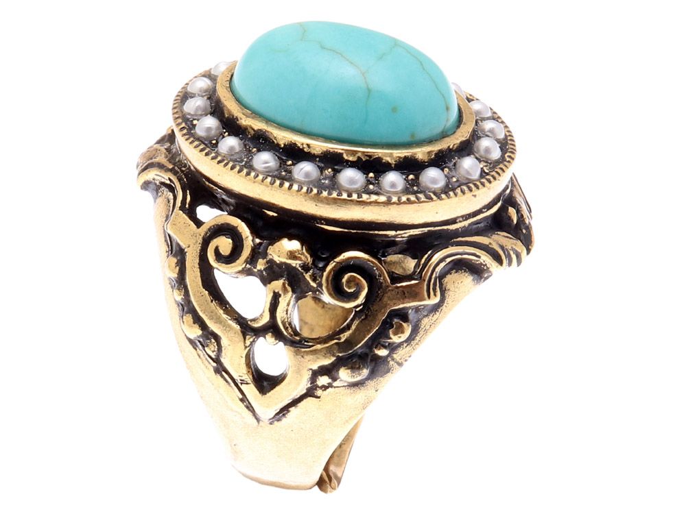 Anello Turchese - Anello Artigianale in Ottone Dorato con Iolite e Perle (Codice: AN TUR 01)